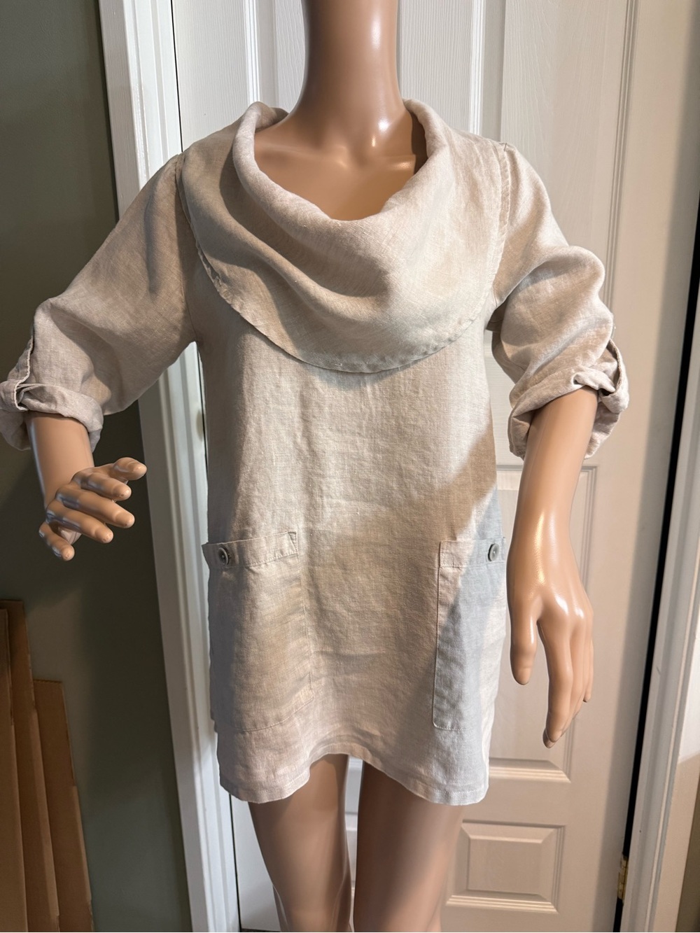 Soft Surroundings Mayfield Natural Oatmeal Cowl Neck Lagenlook Linen Tunic Top S